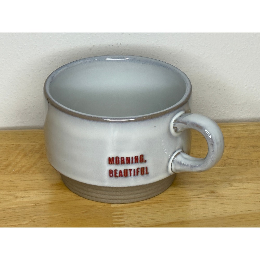 Morning Beautiful Hearth &‎ Hand 8oz Ceramic Coffee Mug White Tan Stoneware Cup